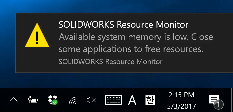 WARNING: SOLIDWORKS Resources Running Low