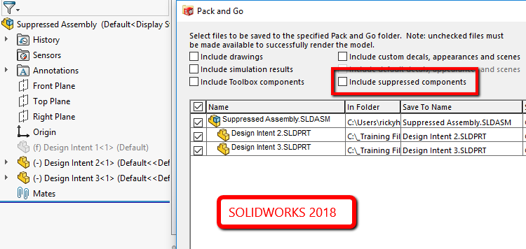 SOLIDWORKS 2018: What’s New – Include and Exclude Suppressed Components in Pack and Go