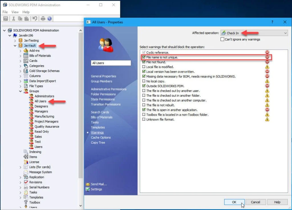 What are the Options for Duplicate File Names in a SOLIDWORKS PDM Vault?
