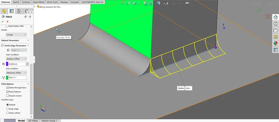 SOLIDWORKS Advanced Part Modeling: Partial Fillet Option Through ‘Partial Edge’