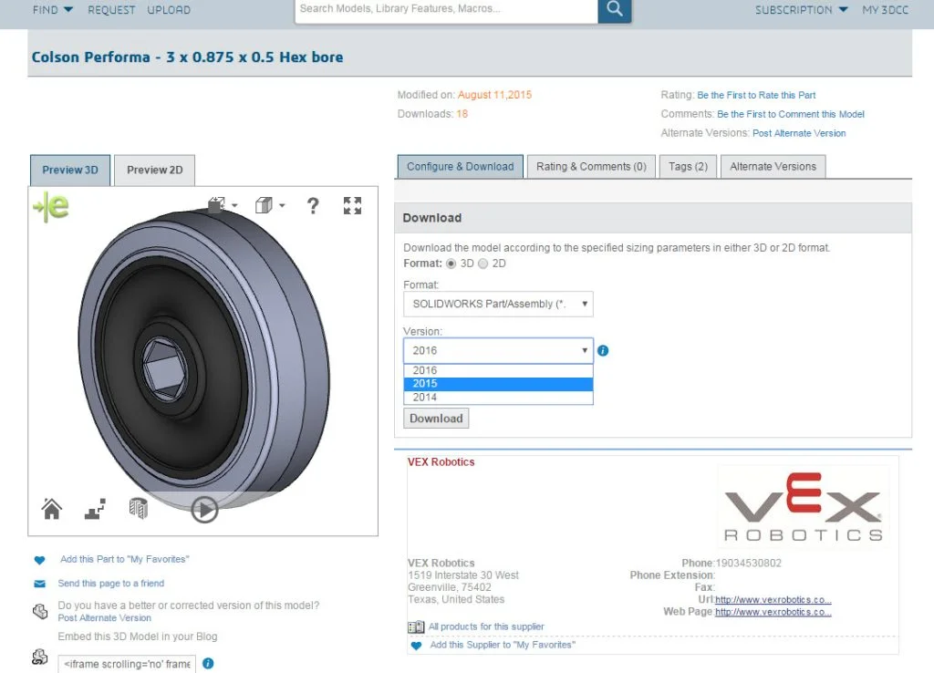 VEX ROBOTICS Certified Component Supplier on 3D ContentCentral
