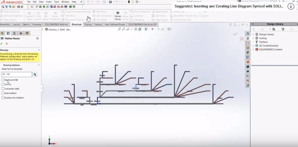 SOLIDWORKS Electrical Formula SAE Tutorial: How to flatten the route and creating reports