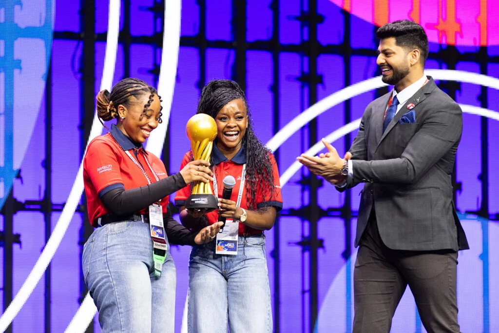 AAKRUTI International Student Design Competition Winners on stage at <strong>3D</strong>EXPERIENCE World 2026