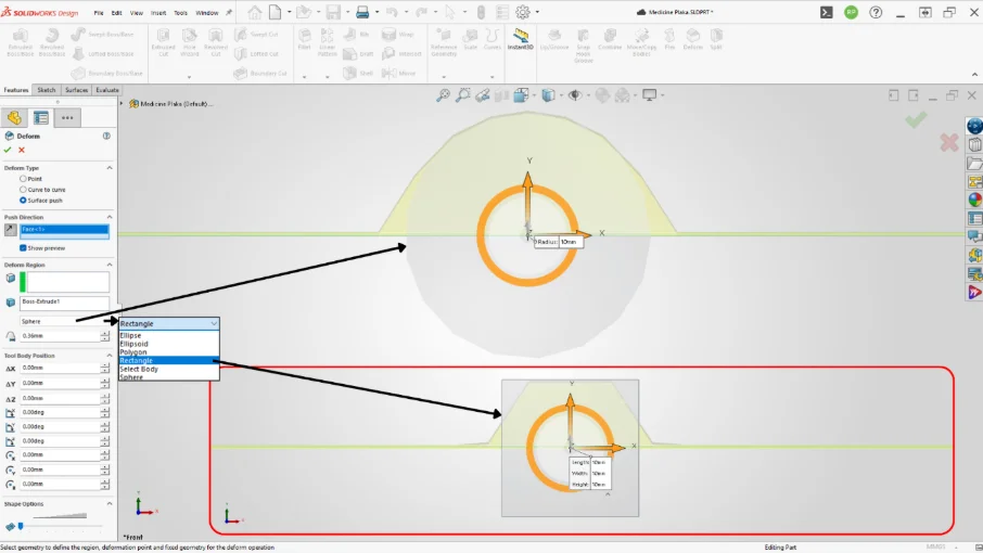 Surface Push - Deform Regions, Rectangle and Sphere examples.