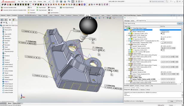 The CMM program is automatically generated, graphically represented and verified on the model. The browser on the right provides a user interface to the program.