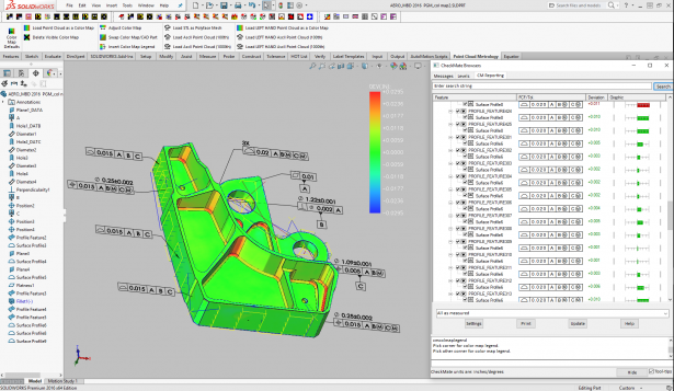 To the right is the CheckMate Reporting Browser indicating the deviation and percentage of tolerance band used by each feature. Fully integrated within SOLIDWORKS, valuable process information is accessible throughout the enterprise.