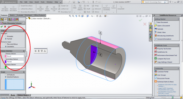 Plunger Datum Selection using DimXpert in SolidWorks