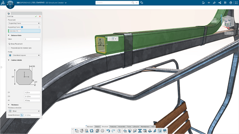 3D Structure Creator verfügt über automatisierte Werkzeuge, mit denen Sie schnell Endkappen, Knotenbleche und Platten hinzufügen können.