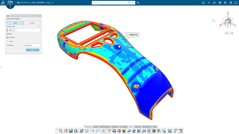 Verhindern Sie Einfallstellen, indem Sie mit dem Werkzeug „Wanddicke-Prüfung“ in 3D Mold Creator eine gleichmäßige Wanddicke sicherstellen.