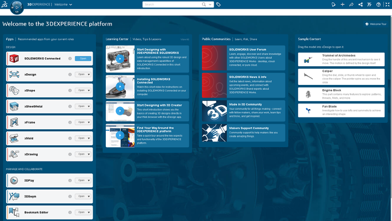 Greifen Sie auf alle wichtigen Rollen- und App-Informationen sowie auf SOLIDWORKS Online-Communities direkt in der Welcome App zu.