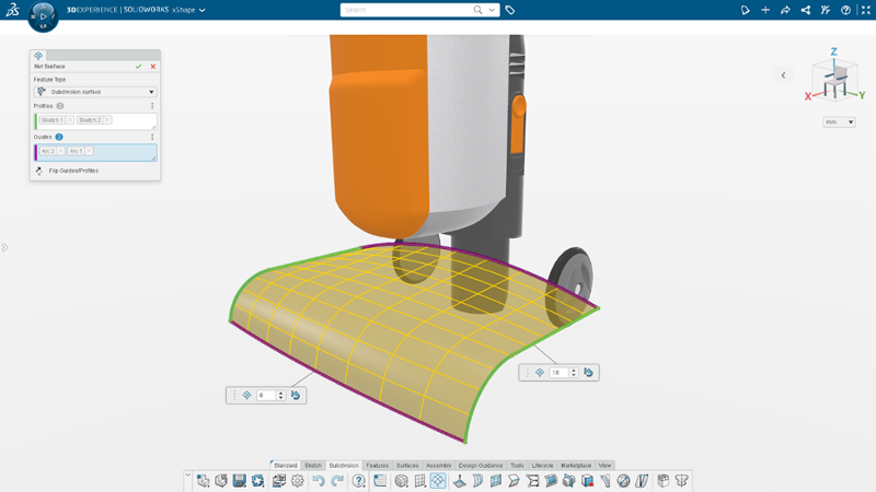 Verwenden Sie bekannte CAD-Operationen, um eine Unterteilungsfläche mit Netzoberflächen in 3D Sculptor zu erstellen.