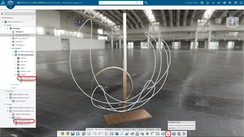 3DEXPERIENCE SOLIDWORKS xMotion Design: Das Geometric Trace Tool erstellt eine Verfolgungsbahn der ausgewählten Geometrie.